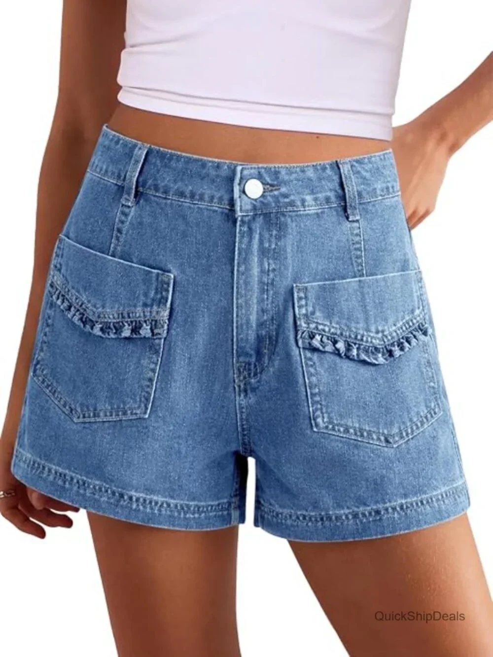 High Waisted Baggy Wide Leg Vintage Denim Shorts with Ruffle Pockets